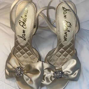 Sam Edelman Satin Champagne Bow Slingback Heels with Crystal Brooch